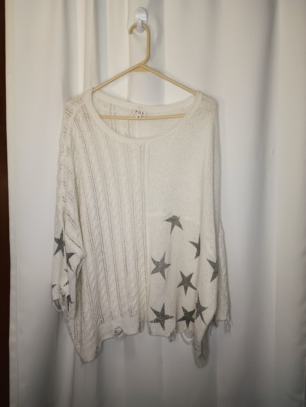 POL Women's Star Print Oversized Sweater S Cable Knit Thrashed Boho Indie